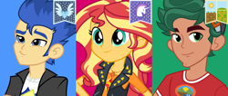 Size: 1302x554 | Tagged: safe, artist:bb-k, edit, imported from derpibooru, flash sentry, sunset shimmer, timber spruce, earth pony, human, pegasus, unicorn, equestria girls, equestria girls series, hearth's warming eve (episode), legend of everfree, banner, blue background, bust, camp everfree logo, camp everfree outfits, dirtville, earth pony tribe, eyes closed, female, flag, flower, green background, green eyes, hat, jewelry, looking at you, male, object, official, pegasopolis, pegasus tribe, red background, regalia, smiling, smirk, sun, sunflower, unicorn tribe, unicornia