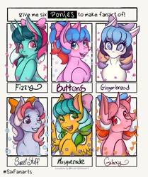 Size: 1715x2048 | Tagged: safe, artist:mscolorsplash, imported from derpibooru, buttons (g1), fizzy, galaxy (g1), gingerbread, masquerade (g1), sweet stuff, earth pony, pegasus, pony, unicorn, six fanarts, bow, cute, female, g1, grin, hair bow, mare, one eye closed, smiling, wink