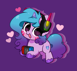 Size: 3888x3592 | Tagged: safe, artist:kittyrosie, imported from derpibooru, izzy moonbow, pony, unicorn, colored hooves, cute, d.va, female, g5, headphones, heart, heart eyes, izzybetes, looking at you, mare, nintendo switch, open mouth, overwatch, purple background, simple background, solo, whisker markings, wingding eyes