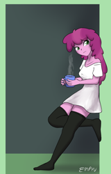 Size: 768x1200 | Tagged: safe, artist:empyu, imported from derpibooru, cheerilee, human, equestria girls, 30 minute art challenge, breasts, clothes, coffee mug, female, looking at you, missing shoes, mug, oversized clothes, oversized shirt, shirt, socks, solo, steam, stocking feet, stockings, tanktop, thigh highs