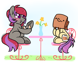 Size: 1500x1200 | Tagged: safe, artist:paperbagpony, imported from derpibooru, oc, oc:paper bag, oc:prismatic curseword, earth pony, bagel, bread, chair, cute, eating, fake cutie mark, flower, food, herbivore, table, vase