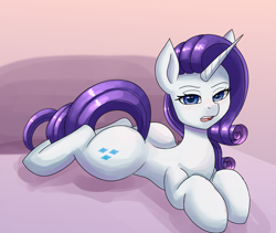 Size: 1900x1600 | Tagged: safe, artist:zachc, imported from derpibooru, rarity, pony, unicorn, bed, blushing, butt, concave belly, female, looking at you, lying down, mare, plot, prone, solo, thighs, thunder thighs
