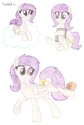 Size: 1300x1920 | Tagged: safe, artist:roseluck, imported from derpibooru, oc, oc only, oc:morning glory (project horizons), pegasus, pony, fallout equestria, fallout equestria: project horizons, balancing, book, box, cloud, colored pencil drawing, fanfic art, female, folded wings, full body, holding, looking at something, mare, on a cloud, pegasus oc, simple background, sitting, sitting on a cloud, smiling, solo, standing, tail, traditional art, underhoof, white background, wings