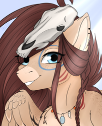 Size: 3017x3693 | Tagged: source needed, useless source url, safe, artist:bellfa, imported from derpibooru, oc, oc only, oc:ondrea, pegasus, pony, blue eyes, braid, brown hair, bust, commission, ear piercing, eye clipping through hair, female, freckles, grin, high res, jewelry, looking at you, mare, necklace, pegasus oc, piercing, portrait, skull, smiling, smiling at you, solo, tribal, wings, ych result