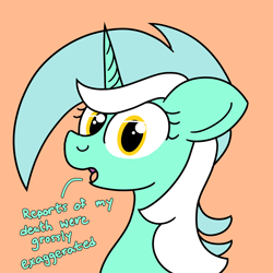 Size: 2000x2000 | Tagged: safe, artist:dafiltafish, imported from derpibooru, lyra heartstrings, bust, female, mare, orange background, simple background, solo, text