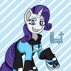 Size: 3000x3000 | Tagged: safe, artist:gloomrotten, imported from derpibooru, rarity, pony, unicorn, clothes, grin, hoodie, lidded eyes, looking at you, pants, sharp teeth, shoes, smiling, sneakers, solo, teeth
