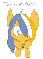 Size: 625x853 | Tagged: safe, anonymous artist, imported from derpibooru, oc, oc only, oc:sun showers, earth pony, pony, blushing, car keys, looking at you, mouth hold, ms paint, simple background, solo, tsundere, white background