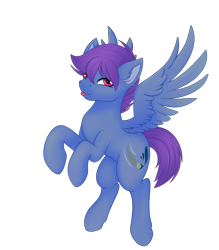 Size: 2626x3000 | Tagged: safe, alternate version, artist:bellfa, imported from derpibooru, oc, oc only, oc:windy dripper, pegasus, pony, commission, ear fluff, eyelashes, feathered wings, full body, high res, looking at you, male, original art, pink eyes, purple hair, raised leg, simple background, smiling, smiling at you, solo, spread wings, stallion, standing, tongue out, transparent background, wings