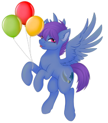 Size: 2626x3000 | Tagged: safe, alternate version, artist:bellfa, imported from derpibooru, oc, oc only, oc:windy dripper, pegasus, pony, balloon, commission, ear fluff, eyelashes, feathered wings, full body, high res, looking at you, male, original art, pink eyes, purple hair, raised leg, simple background, smiling, smiling at you, solo, spread wings, stallion, standing, tongue out, transparent background, wings