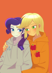 Size: 2894x4093 | Tagged: safe, artist:haibaratomoe, imported from derpibooru, applejack, rarity, human, equestria girls, clothes, cutie mark on clothes, female, freckles, hoodie, lesbian, orange background, rarijack, shipping, simple background