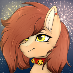 Size: 4050x4050 | Tagged: safe, artist:bellfa, imported from derpibooru, oc, oc only, pony, bell, bell collar, brown hair, bust, collar, commission, ear fluff, ear piercing, eyelashes, female, hair over one eye, high res, mare, original art, piercing, portrait, smiling, solo, ych result, yellow eyes