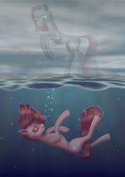 Size: 3508x4960 | Tagged: safe, artist:sstab29, imported from derpibooru, pinkie pie, earth pony, ghost, pony, undead, blue eyes, bubble, cloud, crepuscular rays, eyes closed, female, flowing mane, flowing tail, mare, ocean, open mouth, pink mane, pinkamena diane pie, sky, solo, sunlight, tail, teeth, underwater, water