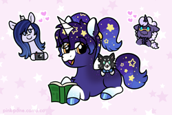 Size: 1150x766 | Tagged: safe, artist:pink-pone, imported from derpibooru, oc, oc only, oc:moonlight melody, oc:nova stella, oc:pluto, cat, pony, book, female, filly, foal, lying down, mare, prone