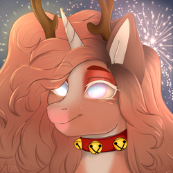 Size: 4050x4050 | Tagged: safe, artist:bellfa, imported from derpibooru, oc, oc only, hybrid, pony, unicorn, antlers, bell, bell collar, brown hair, bust, collar, commission, empty eyes, female, high res, horn, horns, makeup, original art, portrait, solo, sparks, ych result