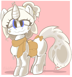 Size: 826x888 | Tagged: safe, artist:malachimoet, imported from derpibooru, oc, oc only, pony, unicorn, bag, bowtie, clothes, looking at you, milk, milk pony, scarf, solo