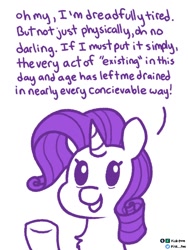 Size: 600x800 | Tagged: safe, artist:pink-pone, imported from derpibooru, rarity, pony, unicorn, bags under eyes, chest fluff, dialogue, female, mare, relatable, simple background, solo, text, tired, white background