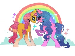 Size: 1361x1021 | Tagged: safe, artist:batthsalts, imported from derpibooru, izzy moonbow, sunny starscout, earth pony, pony, unicorn, female, g5, izzyscout, lesbian, nuzzling, rainbow, shipping, simple background, smiling, sparkles, white background