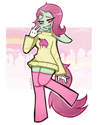Size: 900x1126 | Tagged: safe, artist:puffyrin, imported from derpibooru, oc, oc only, anthro, unguligrade anthro, unicorn, clothes, gloves, grin, horn, smiling, solo, unicorn oc