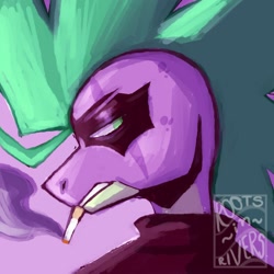 Size: 2000x2000 | Tagged: safe, artist:gothalite, imported from derpibooru, spike, dragon, bust, cigarette, clothes, face paint, nonbinary, purple background, simple background, smoking