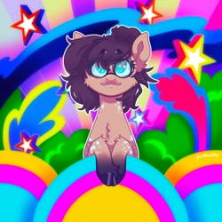 Size: 2048x2048 | Tagged: safe, artist:yumkandie, imported from derpibooru, oc, oc only, earth pony, pony, chest fluff, coat markings, eyebrows, eyebrows visible through hair, glasses, psychedelic, sharp teeth, solo, teeth