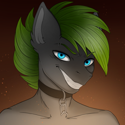 Size: 4050x4050 | Tagged: safe, artist:bellfa, imported from derpibooru, oc, oc only, unnamed oc, anthro, absurd resolution, anthro oc, blue eyes, bust, collar, commission, ear fluff, eyebrow piercing, eyebrows, eyebrows visible through hair, gradient background, green hair, grin, looking at you, male, original art, piercing, portrait, smiling, smiling at you, solo, teeth