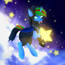 Size: 4050x4050 | Tagged: safe, artist:bellfa, imported from derpibooru, oc, oc only, oc:wander bliss, changeling, commission, empty eyes, fangs, full body, green hair, high res, horn, male, original art, solo, stars, tongue out, ych result