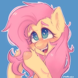 Size: 2048x2048 | Tagged: safe, artist:yumkandie, imported from derpibooru, fluttershy, pegasus, pony, blushing, cute, cute little fangs, fangs, female, heart, heart eyes, shyabetes, simple background, solo, tongue out, wingding eyes