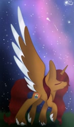 Size: 750x1280 | Tagged: safe, artist:prettyshinegp, imported from derpibooru, oc, oc only, alicorn, pony, alicorn oc, eyes closed, female, horn, mare, night, raised hoof, shooting star, signature, solo, stars, wings