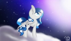 Size: 1280x750 | Tagged: safe, artist:prettyshinegp, imported from derpibooru, oc, oc only, pegasus, pony, cloud, female, looking up, mare, night, on a cloud, pegasus oc, signature, solo, stars, wings