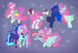 Size: 4096x2778 | Tagged: safe, artist:yumkandie, imported from derpibooru, oc, oc:aria, alicorn, pegasus, pony, unicorn, zebra, 80s, 80s princess luna, alicorn oc, broken horn, canon x oc, chest fluff, clothes, colored sketch, colored wings, controller, crying, curved horn, facial hair, female, goatee, hair accessory, heart, heart eyes, horn, jewelry, leg warmers, lesbian, necklace, nuzzling, ponytail, regalia, scar, shipping, simple background, sketch, sketch dump, thought bubble, unshorn fetlocks, wingding eyes, wings, wristband