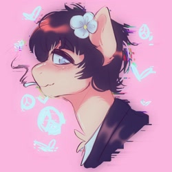 Size: 3500x3500 | Tagged: safe, artist:yumkandie, imported from derpibooru, earth pony, pony, chest fluff, clothes, error, flower, flower in hair, glitch, heart, heart eyes, male, peace sign, ponified, ringo starr, simple background, smoking, solo, the beatles, wingding eyes