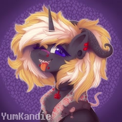 Size: 2048x2048 | Tagged: safe, artist:yumkandie, imported from derpibooru, oc, oc only, pony, rat, unicorn, bandaid, bandaid on nose, braces, choker, clothes, devil horns, ear piercing, earring, female, horns, jewelry, leviathan cross, lip piercing, nose piercing, nose ring, pentagram, pet, piercing, satanism, snake bites, tongue out