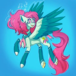 Size: 2048x2048 | Tagged: safe, artist:yumkandie, imported from derpibooru, oc, oc only, oc:aria, pegasus, pony, chest fluff, clothes, colored wings, eyebrows, eyebrows visible through hair, female, flying, music notes, ponytail, sailor uniform, socks, solo, uniform, wings