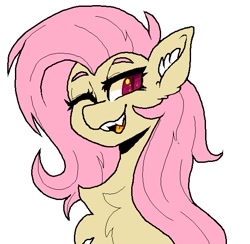 Size: 585x571 | Tagged: safe, artist:yumkandie, imported from derpibooru, fluttershy, bat pony, pony, bat ponified, chest fluff, fangs, female, flutterbat, ms paint, race swap, simple background, solo, white background