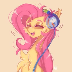 Size: 2048x2048 | Tagged: safe, artist:yumkandie, imported from derpibooru, fluttershy, bat pony, pony, bat ponified, blushing, chest fluff, fangs, female, flutterbat, headphones, listening to music, race swap, rainbow dash's cutie mark, simple background, solo