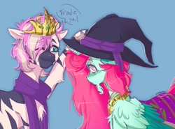 Size: 2048x1514 | Tagged: safe, artist:yumkandie, imported from derpibooru, oc, oc only, oc:aria, alicorn, pony, zebra, alicorn oc, clothes, clothes swap, colored wings, crown, duo, ear piercing, earring, facial hair, female, goatee, hat, horn, jewelry, piercing, regalia, scarf, wings, witch hat, zebra oc