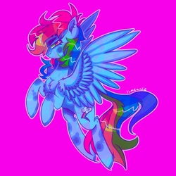 Size: 2048x2048 | Tagged: safe, artist:yumkandie, imported from derpibooru, rainbow dash, pegasus, pony, chest fluff, coat markings, ear piercing, earring, female, flying, jewelry, piercing, simple background, solo, tongue out