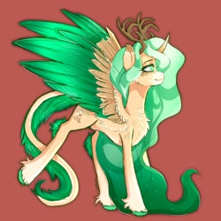 Size: 2048x2048 | Tagged: safe, artist:yumkandie, imported from derpibooru, oc, oc only, alicorn, hybrid, pony, alicorn oc, antlers, chest fluff, ethereal mane, female, horn, multiple horns, solo, unshorn fetlocks, wings