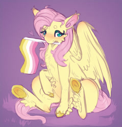 Size: 1814x1896 | Tagged: safe, artist:fussypaws, imported from derpibooru, fluttershy, pegasus, pony, blushing, cute, female, flag, headcanon, heart, hoof fluff, looking at you, mouth hold, pride, pride flag, purple background, raised hoof, sexuality headcanon, shyabetes, simple background, sitting, solo, wings