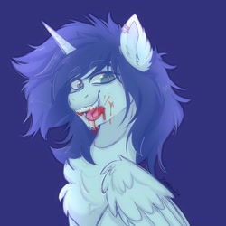 Size: 2048x2048 | Tagged: safe, artist:yumkandie, imported from derpibooru, oc, oc:prince nova, alicorn, pony, alicorn oc, blood, chest fluff, ear piercing, earring, fangs, horn, jewelry, licking, licking lips, male, piercing, solo, tongue out, wings