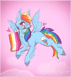 Size: 1539x1688 | Tagged: safe, artist:fussypaws, imported from derpibooru, rainbow dash, pegasus, pony, blushing, chest fluff, ear fluff, female, flying, headcanon, heart, lesbian dash, lesbian pride flag, looking offscreen, mouth hold, pink background, pride, pride flag, sexuality headcanon, simple background, solo