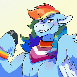 Size: 2000x2000 | Tagged: safe, artist:flyingeevees, imported from derpibooru, rainbow dash, pegasus, pony, bandana, blushing, bracelet, female, fluffy, gritted teeth, headcanon, jewelry, lesbian dash, lesbian pride flag, looking at you, pride, pride flag, rainbow flag, raised eyebrow, raised hoof, sexuality headcanon, simple background, solo, teeth, white background