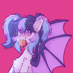 Size: 2048x2048 | Tagged: safe, artist:yumkandie, imported from derpibooru, oc, oc only, bat pony, pony, bat pony oc, biting, chest fluff, female, fruit, mare, pigtails, solo, twintails