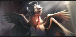 Size: 3813x1853 | Tagged: safe, artist:apostolllll, artist:koffeynik, imported from derpibooru, oc, pegasus, pony, arrow, backlighting, blood, candle, fangs, halo, injured, solo, wings