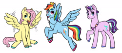Size: 2048x884 | Tagged: safe, artist:picturesofponies, imported from derpibooru, fluttershy, rainbow dash, starlight glimmer, pegasus, unicorn, adhd, autism, badge, bracelet, chewing, crown, eating, female, flapping, flapping wings, flying, gender headcanon, headcanon, jewelry, lesbian, lesbian pride flag, lgbt, lgbt headcanon, looking at you, mouth hold, necklace, neurodivergent, neurodivergent headcanon, nonbinary, nonbinary pride flag, pride, pride flag, raised hoof, regalia, sexuality headcanon, short mane, short tail, simple background, sitting, standing, stimming, tail, trio, white background, wings