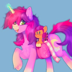 Size: 1024x1024 | Tagged: safe, artist:yumkandie, imported from derpibooru, sunny starscout, oc, oc:bloom moonbeam, earth pony, pony, unicorn, bag, book, clothes, female, g5, horn, mealy mouth (coat marking), plushie, saddle bag, scarf, simple background, solo, striped scarf, unicorn oc
