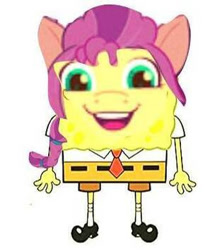 Size: 314x353 | Tagged: safe, edit, imported from derpibooru, sunny starscout, clothes, crossover, cursed image, g5, looking at you, pants, similarities, simple background, smiling, spongebob squarepants, spongebob squarepants (character), square, transformation, transgender, wat, white background, why