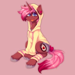 Size: 2048x2048 | Tagged: safe, artist:yumkandie, imported from derpibooru, oc, oc only, oc:heartstring fiddler, pegasus, pony, unicorn, bow, chest fluff, clothes, ear piercing, hoodie, old cutie mark, pegasus oc, piercing, pink background, simple background, socks, solo, tail, tail bow, tongue out, unshorn fetlocks