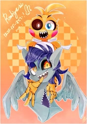 Size: 775x1100 | Tagged: safe, artist:sibashen, imported from derpibooru, oc, oc only, pegasus, pony, five nights at freddy's, japanese, looking at you, sharp teeth, teeth, toy chica, translated in the comments, wings