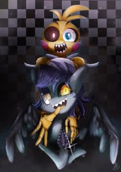 Size: 705x1000 | Tagged: safe, artist:sibashen, imported from derpibooru, oc, oc only, pegasus, pony, five nights at freddy's, looking at you, sharp teeth, teeth, toy chica, wings